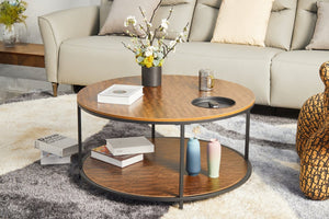 English Elm Round Coffee Table Antique Wood Finish Two Tier Open Shelf Modern Living Room Black Brown W1911P371570