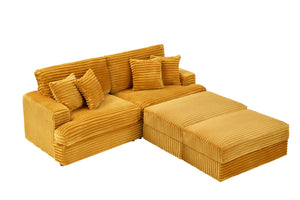 English Elm 82 Inch Orange Corduroy Sofa With 2 Storage Footstools & 4 Toss Pillows – Stylish Comfort For Any Space W1658S00113