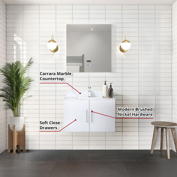 English Elm Glossy White Bath Vanity 30 in with Carrara Marble Top, Chrome Faucet, 30" LED Mirror, Scratch-Resist Finish B2731S01244
