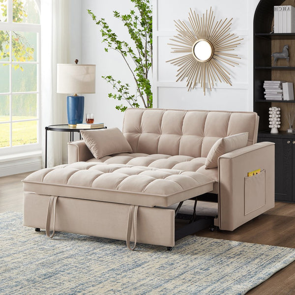 English Elm 4 Loveseat Sofa Bed with Storage Pockets & Armrests, Convertible Pull-Out Sleeper with Wheels, Tufted Comfort and Durable Frame for Small Spaces taupe W2186P166128
