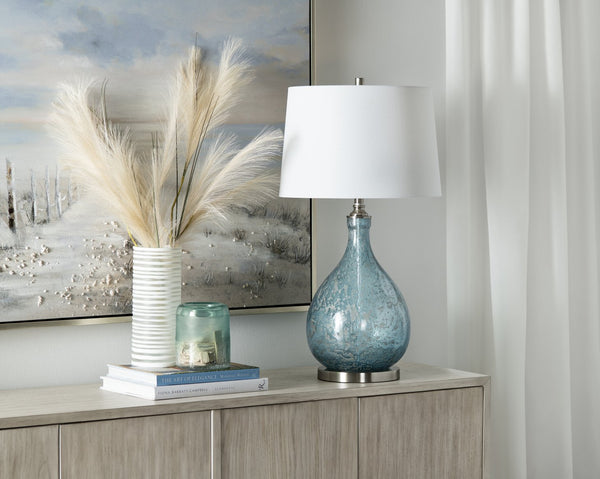 Crestview Collection 32.25"H Glass & Metal Table Lamp - Modern Blue Base, Sleek Silver Accents, White Shade For Elegance   Cvazbs122