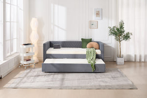 English Elm Twin Velvet Upholstered Daybed with Trundle, V-Pattern Backrest, USB Port, Side Pockets, Sturdy Design Grey W1361S00040