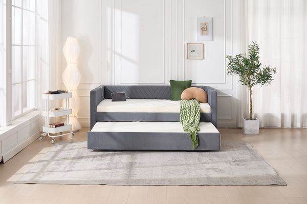 English Elm Twin Velvet Upholstered Daybed with Trundle, V-Pattern Backrest, USB Port, Side Pockets, Sturdy Design Grey W1361S00040