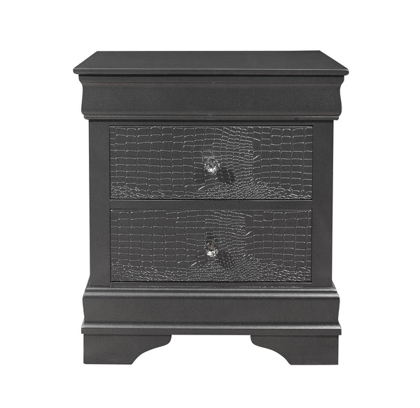 English Elm SHAKER Crocodile Textured Nightstand with Crystal Hardware, Solid Wood & MDF, Contemporary Tapered Legs Metallic Grey 29 L x 22 W x 22 H B201P215903