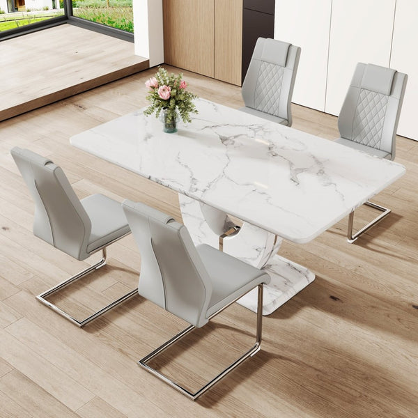 English Elm Table And Chair Set - Modern Marble Pattern Mdf Dining Table With 4 Light Gray Pu Chairs, Stylish Design W1151S02187-GIGA
