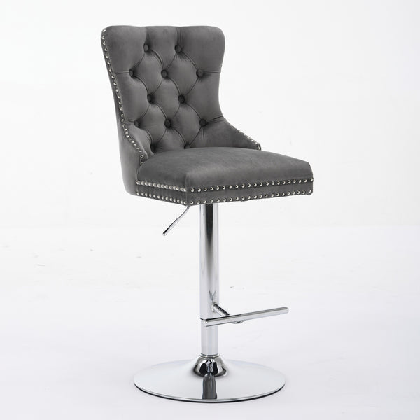 English Elm Thick Velvet Swivel Barstools Adjustable 25-33" Height with 17.7" Chrome Base, Tufted Diamond Pleat Elegance Gray W1143P335043