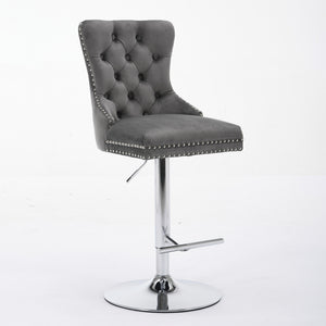 English Elm Thick Velvet Swivel Barstools with 17.7" Chrome Base, Tufted Diamond Pleating, Comfort Foam Seats Gray W1143P335043