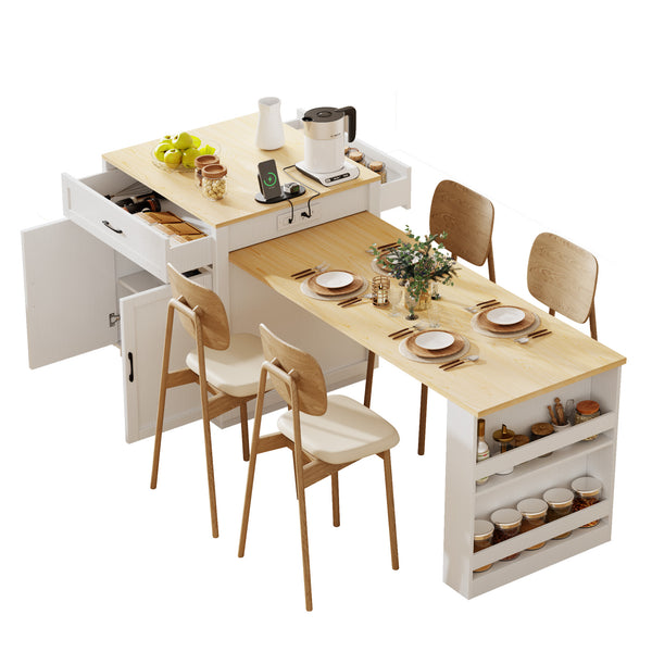 English Elm K&K Extendable Kitchen Island with Dining Table, 51.2" Seating for 2-6, Power Hub & Double Storage White Oak N707S000010W