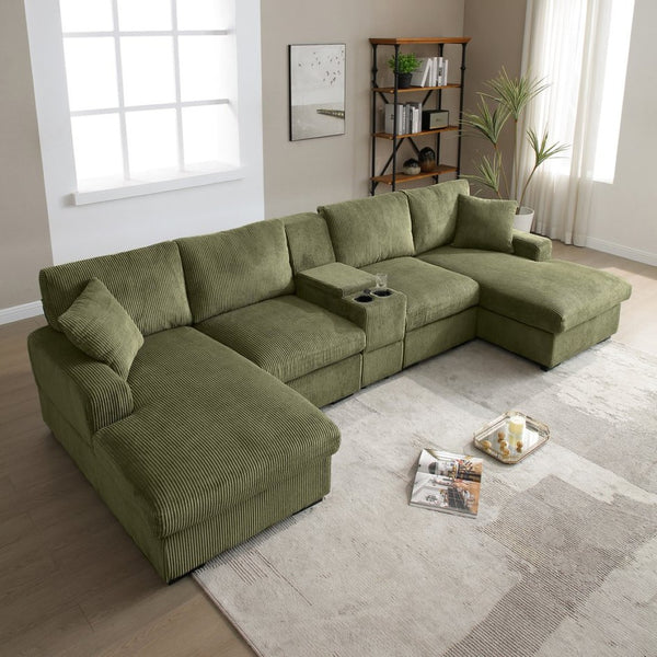 English Elm U Shaped Oversized Sectional Sofa with Double Chaise Console Cup Holders and Usb Port Green W1117S00266