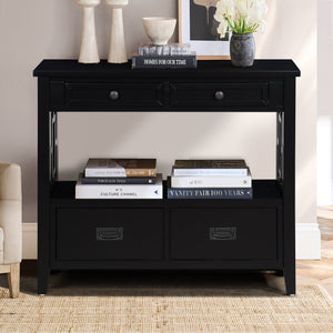 English Elm 36'' Farmhouse Pine Console Table with 4 Drawers & Open Shelf, Solid Wood MDF, Retro-Modern Entryway Accent W1202P251878