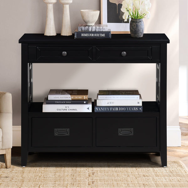 English Elm 36'' Farmhouse Pine Console Table with 4 Drawers & Open Shelf, Solid Wood MDF, Retro-Modern Entryway Accent W1202P251878