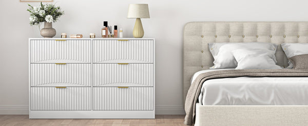 English Elm Modern Six Drawer Chest with Wavy Textured Fronts Sleek Matte Storage for Any Room White W409P307526