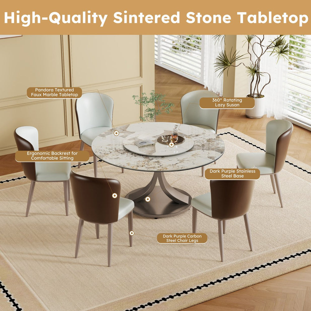 English Elm 59" Round Dining Table With 360° Rotating Lazy Susan - Scratch-Resistant Stone Top For Family Gatherings W2699S00055
