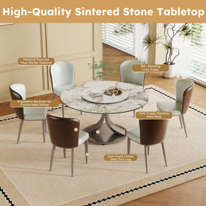 English Elm 59" Round Dining Table With 360° Rotating Lazy Susan - Scratch-Resistant Stone Top For Family Gatherings W2699S00055