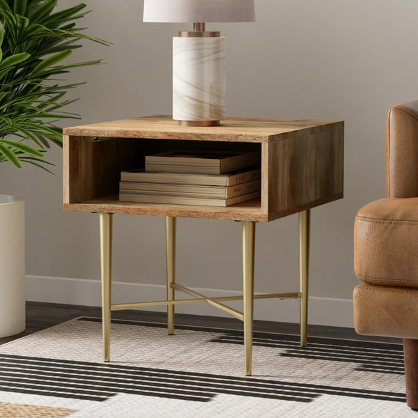 English Elm Fallon Solid Mango Wood End Table with Gold Iron Base for Living Room Bedroom B136P420277
