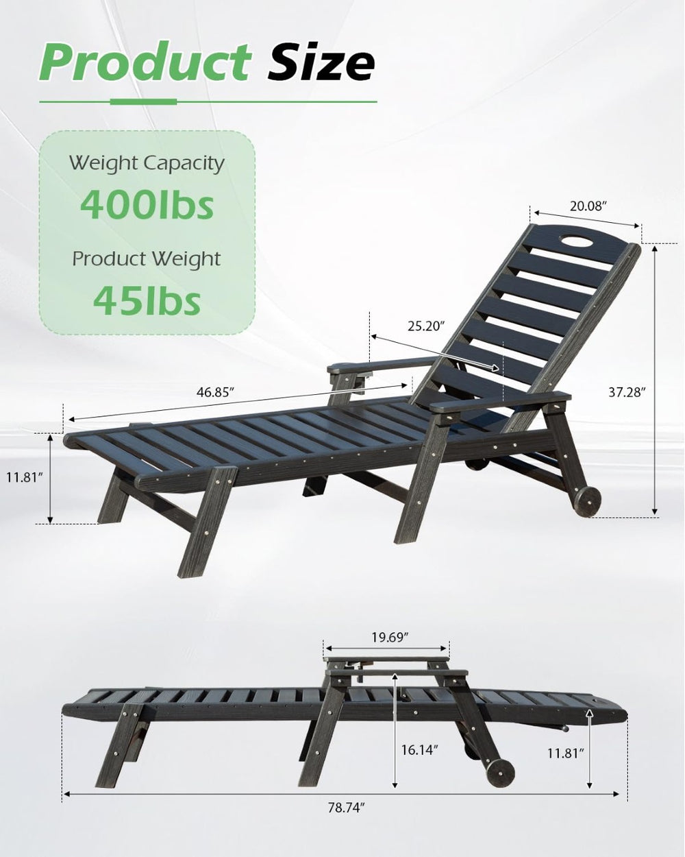 English Elm Patio Hdpe Chaise Lounge Outdoor Reclining Poolside Chair with Built-in Cup Holder Black W1859P478587