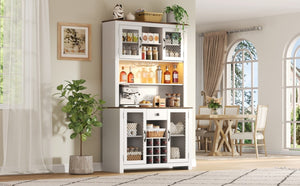 English Elm 70.9" Farmhouse Hutch Pantry with Led Lighting Wine Rack Mesh Doors and Built-in Power White CH361426AAK