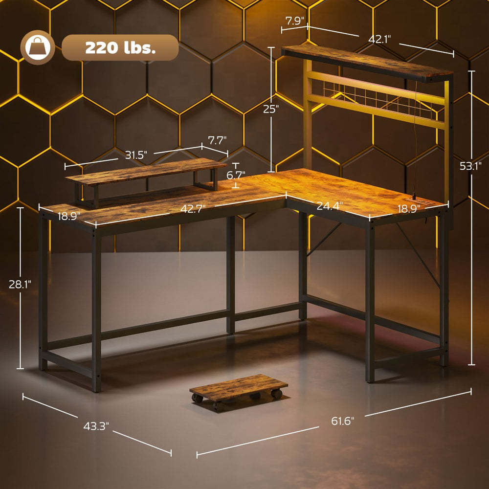 English Elm Computer L Shaped Gaming Desk with Rgb Lighting Power Hub Monitor Stand and Cpu Shelf T3971P411735