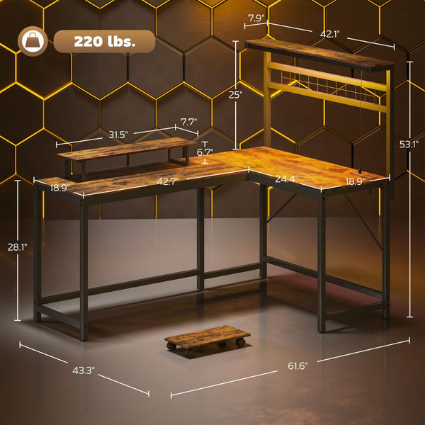 English Elm Computer L Shaped Gaming Desk with Rgb Lighting Power Hub Monitor Stand and Cpu Shelf T3971P411735