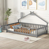 Twin House-Shaped Bedside Floor Bed with Guardrails, Slats, with Door, Grey