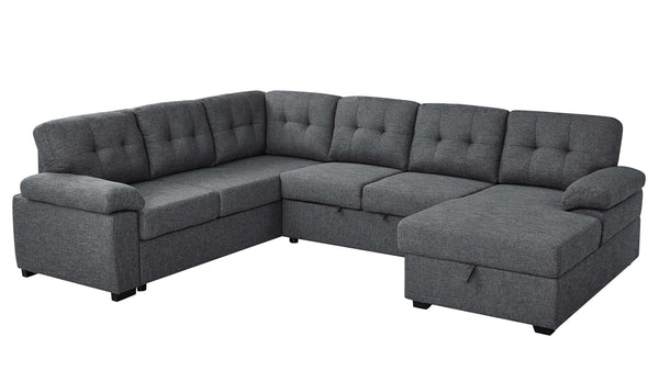 English Elm Linen Blend U-shape Sectional Sleeper with Tufted Back and Hidden Storage Chaise B2748S00024
