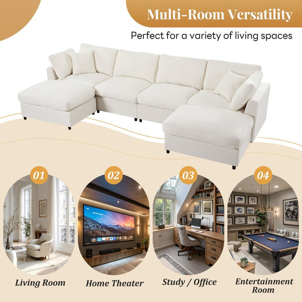 English Elm U_style Six Seat Chenille U Shaped Sectional Modular Sofa with Movable Ottomans Beige WY000474AAA