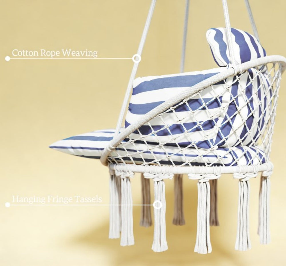 English Elm Hanging Hammock Swing Chair Boho Fringe Cushioned Seat for Patio or Indoor Use T3971P445964