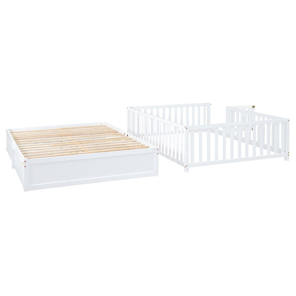 English Elm Full Size Pinewood Kids Daybed with Fence Rails Split Floor Bed and Storage Drawers White LP100882AAK