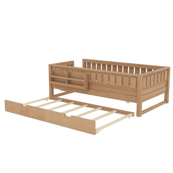English Elm Twin Kids Platform Bed with Trundle Staircase Bookshelf and Rounded Safety Rails Natural W1580S00558