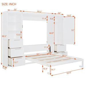 English Elm Queen Murphy Wall Bed with Wardrobe Drawers and Shelves for Studio or Guest Room White LP000865AAK-1