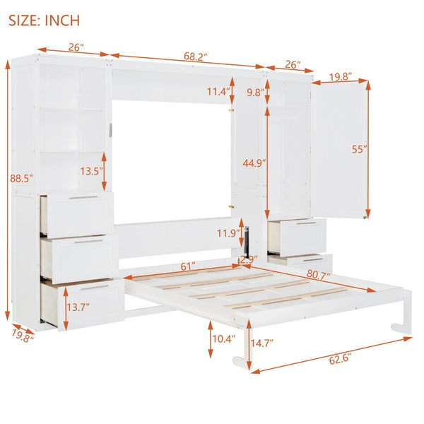 English Elm Queen Murphy Wall Bed with Wardrobe Drawers and Shelves for Studio or Guest Room White LP000865AAK-1