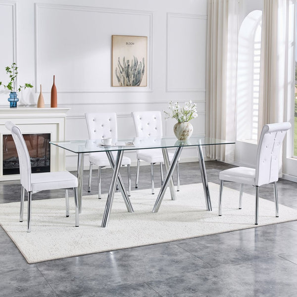 English Elm 71-inch Tempered Glass Dining Table Electroplated Metal Base Open Airy Modern Style White W3875S00005