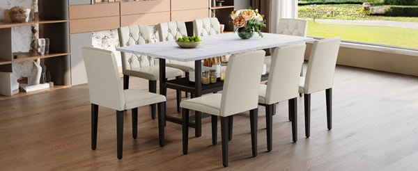 English Elm Table And Chair Set - Modern White Grain Dining Table With Built-In Storage & 8 Ergonomic Pu Chairs W1151S04271-GIGA