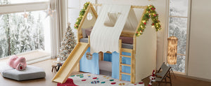 English Elm Full Size Pine Loft Bed with Slide Tent Panels Led Lights and Play Space Below W1580S00292