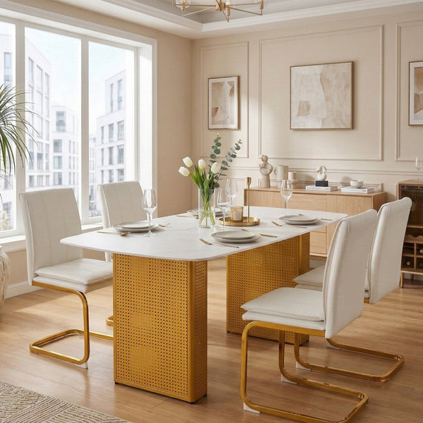English Elm Modern Marble Glass Dining Table Gold Dual Pedestal Base Seats Eight Elegant W5123P397494