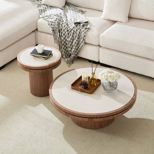 English Elm 35.43 Inch Round Sintered Stone Coffee Table with Mdf Pedestal Base for Modern Living W876S00343