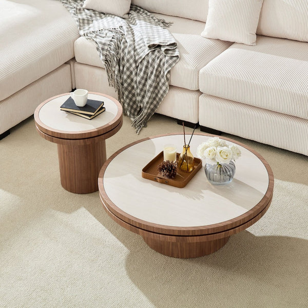 English Elm 35.43 Inch Round Sintered Stone Coffee Table with Mdf Pedestal Base for Modern Living W876S00343