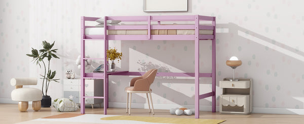 English Elm Twin High Loft Bed with Built-In Desk and Ladder — Space-Saving Rubberwood Study & Sleep Solution Pink W504P206981