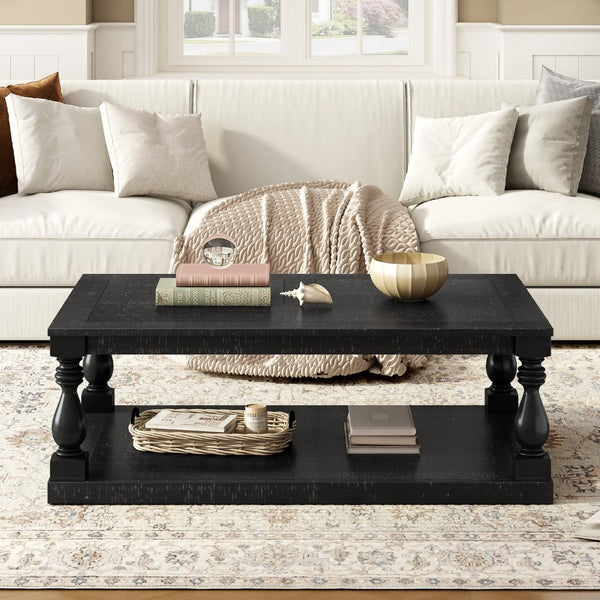 English Elm U_Style Vintage Coffee Table With Artistic Vase Legs & Luxurious Pine Veneer For Elegant Spaces N711P256967B-GIGA