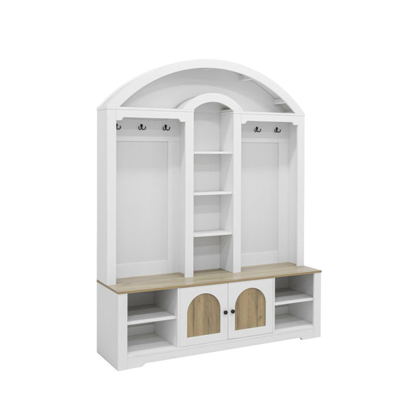 English Elm Multi-functional Hall Tree with Mdf Body Open Shelves Hooks and Scandinavian Two-tone Style White+Walnut SJ000158AAK