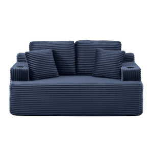 English Elm Boneless Floor Sofa Corduroy Upholstered 5 Seat Low Profile with Cup Holders for Living Room Blue W1117S00433