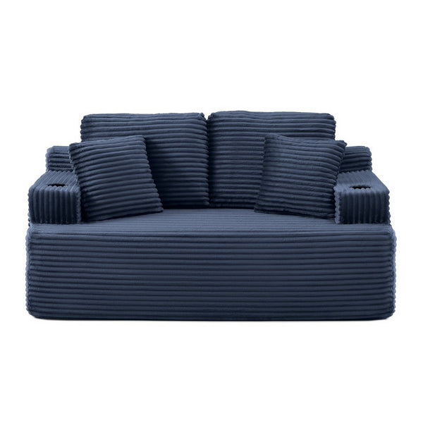 English Elm Boneless Floor Sofa Corduroy Upholstered 5 Seat Low Profile with Cup Holders for Living Room Blue W1117S00433