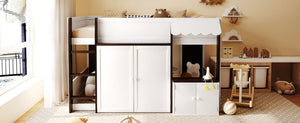 English Elm Twin House Loft Bed with Pull Out Rolling Desk Stair Drawers and Cabinet Storage Espresso+White N820S00074P