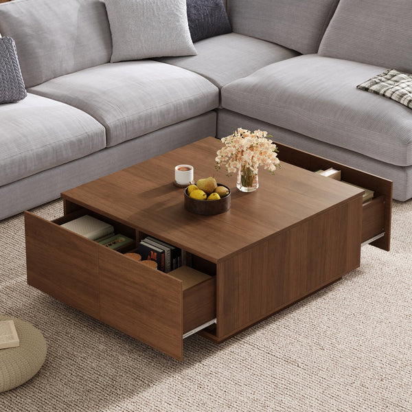 English Elm 33.25" Square Coffee Table with 4 Drawers — Minimalist Modern MDF Design, Space-Saving Durable Centerpiece Walnut N735P277298D