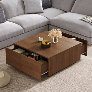 English Elm 33.25" Square Storage Coffee Table Four Drawer Matte Mdf Living Room Centerpiece Walnut N735P422508D