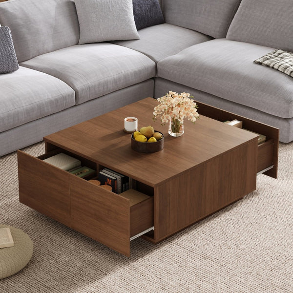 English Elm 33.25" Square Storage Coffee Table Four Drawer Matte Mdf Living Room Centerpiece Walnut N735P422508D