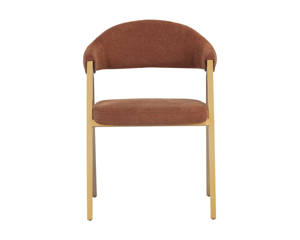 Sunpan Burgos Dining Armchair - Modern Curved Seatback with Gold Stainless Steel Frame for Stylish Dining Belfast Rust