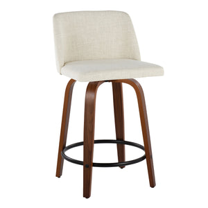 English Elm Toriano Mid-Century Counter Stool Set of 2 — 24" Fixed-Height Swivel Upholstered Seat, Walnut Finish Cream B202S00095
