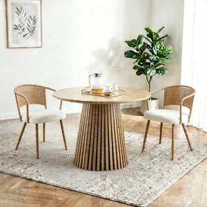 English Elm Round Wood Top Dining Set with Rattan High Back Chairs for Farmhouse Kitchen Nooks Brown,Natural W3590S00019