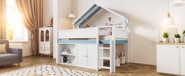 English Elm Full Size Pine Loft Bed with House Canopy Roof Built in Shelves and Storage Cabinet N7090005012C